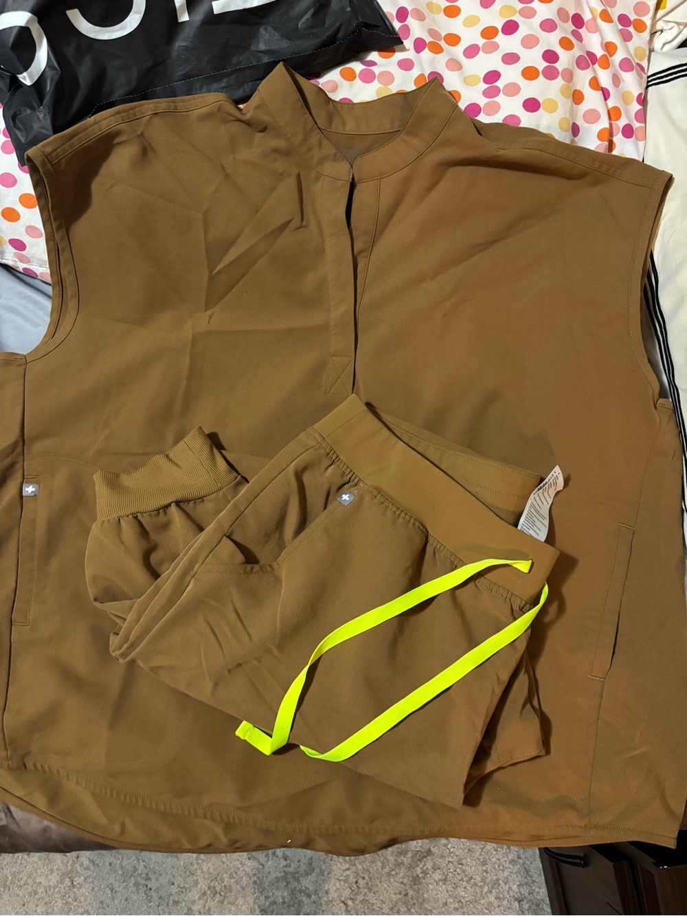 Figs Women's Brown Track Pants with Neon Yellow Drawstring